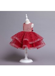 New Summer Baby Girls Pearl Sequins Party Dress Princess Dress Layered Tulle Polka Dots Print Kids Clothes 7 8 10 Years