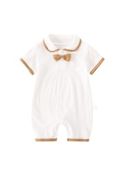 0-18M Newborn Baby Boys Bodysuits Jumpsuit Short Sleeve Turn Down Collar Bow Romper for Baby Infant Toddlers Summer Clothes