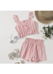 Baby Girl Clothes Set Summer Baby Cotton Striped Print Short Sleeve Suspenders T-shirt + Ruffle Short Pants 2pcs Kids Outfit