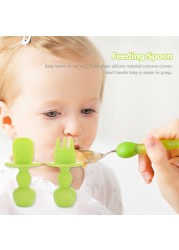 Food Grade Infant Small Silicone Cutlery Set Baby Soft Kitchen Joining Fork Spoon Kids Portable Soild Color Small Spoon