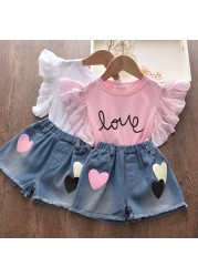 Menoea Kids Clothes Suits 2022 New Summer Fashion Children Lettern Printed T-shirt + Denim Shorts Sets Baby Girls Casual Clothes