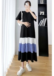 Summer Women Pregnancy Cloth Plus Size Loose Knitted Cotton Patchwork Maternity Long Dress Casual Striped Clothes for Pregnant Women