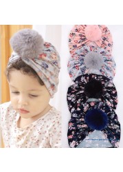 67JC Cute Faux Fur Ball Baby Kids Turban Hat Floral Print Infant Headdress