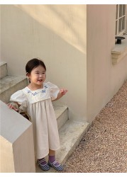 Aile Junmei 2022 Summer Girls Dress Cotton Linen Floral Sleeve Applique Korean Style Dress Children Princess Dress