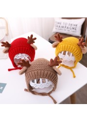 Cute Deer Elk Antlers Baby Hat Winter Warm Plush Knitted Ear Warmer Children Hat Bonnet Boys Girls Beanie Hat Christmas Hats