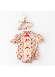2022 Summer Retro Clothes for Newborn Baby Girls Cotton Floral Print Jumpsuit Infant Baby Clothes with Headband