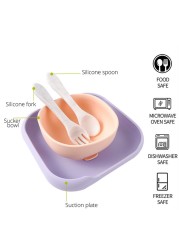 Macaron color square silicone dinner plate with suction bowl children complementary food tableware fork spoon baby supplies