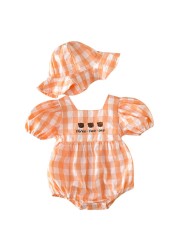 Newborn Baby Girl Clothes Plaid Puff Sleeve Floral Jumpsuit Cute Cartoon Bear Embroidery Cotton Bib With Hat Outfits