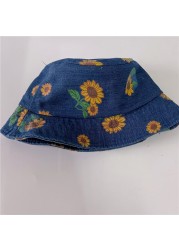 MILANCEL 2022 summer children's denim bucket hat sunflower print large brim hat