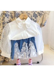 2pcs/set Kids Girl Clothes French Shirt Three-dimensional Butterfly Denim Skirt Fashion Casual Summer Children Clothing Suit