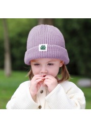 Autumn Winter Solid Color Baby Knitted Warm Hat Soft Casual Hemming Hat Kids Girls Boys Frog Label Beanies Clothes