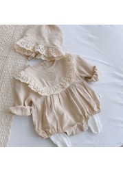 Spring Girls Jumpsuit+Hat Girls Clothes Princess Lace Long Sleeve Clothes Newborn Cotton Clothes 3-24 Months