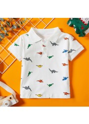 Summer Children Boys Clothes Tops Kids Label T-shirt Cartoon Dinosaur Print Short Sleeve Polo Shirt 2-7Y