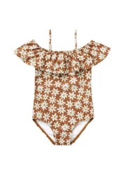 Summer Bikini For Baby Girls Bathing Suit Floral Printing One Piece Ruffled Collar Beach Wear Children Bridge Bikini