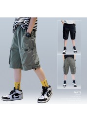 Boys Casual Loose Pants Chic Pockets Patchwork Cargo Knee Length Short Pants Fashion Running Elastic Waist All-match Streetwear