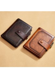 Vintage Men's Genuine Leather Wallet RFID Blocking Trifold Short Multifunction Money Clip Large Capacity Zipper Coin Purse