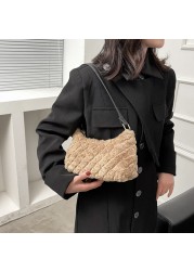 Women Fashion Plush Faux Fur Bag Diamond Lattice Shoulder Bag Autumn Winter Zipper Cloud Pure Color Brand Designer Handbags