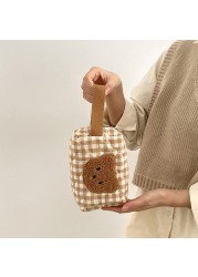 Cute Khaki Bear Makeup Bag Large Capacity Portable Cosmetic Bags Zipper Pure Cotton Plaid Brushes Pouch Case For Women Girls