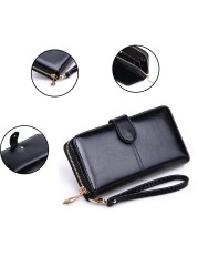 Leather Women Long Zipper Oil Wax Wallet Large Capacity Zipper Clip Wallet Ladies Long Wristlet Clutch Coin Card Holder Portomonee