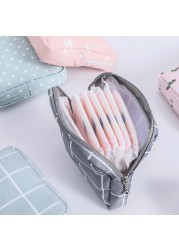 Women Portable Sanitary Napkin Storage Bag Cotton Travel Makeup Bag Printed Literary Zipper Purse Sundries Cosmetic Organizer