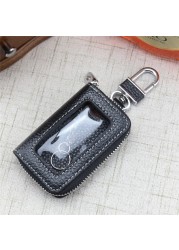 Leather Zipper Box Home Car Key Case Key Chain Women Home Organizer Transparent Window Key Bag Wallet