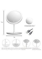 LED Makeup Mirror with Lamp Light with Storage Desktop Rotating Cosmetic Mirror Light Adjustable Dimming USB Vanity Mirror