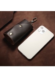 066F Cowhide Keychain Men Small Mini Key Holder Organizer Pouch Split Car Key Wallet Housekeeper Key Case for Adults