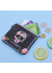 Fashion Lovely Cartoon Rose Skull Personality 3D Plaid Zipper Coin Small Wallet Change Wallets PU Leather