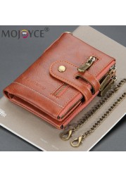 Retro Men Double Zipper Portable Mini Wallet Multi Slot Card Holder Small Wallet With Chain Fashion Solid Color PU Leather Burse