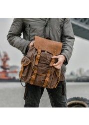 Men's casual genuine leather school bag large capacity canvas travel bag outdoor mountaineering computer bag male backpack