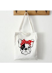 Reusable Canvas Shopping Bag Women Bag With French French Bulldog Print Students Teacher Book Travel Storage Shoulder Bags