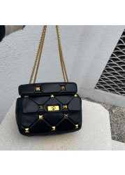 Genuine Leather Quilted Genuine Leather Pins Shoulder Purse Women Bags Chain Crossbody Bag, Rivet Bags 2021