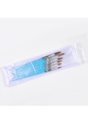 6pcs/set Nylon Hair Nail Brush Blue Rhinestone Faux Fur Acrylic Brush Pen Nail Gel Builder Carving Dotting Painting Tools