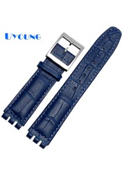 High Quality Luxury 17mm 19mm Waterproof Genuine Leather Watch Strap Band for Swatch Crocodile Pattern Leather Strap Men Blue Red