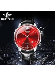 OUPINKE Swiss big brand automatic mechanical watch leather fashion luxury business casual waterproof sapphire calendar watch