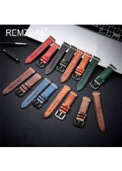 REMZEIM Retro Handmade Genuine Leather Strap Vegetable Tanned Leather Watchband 18 20 22 24mm High Quality Business Watch Band