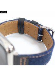 URVOI Band for Apple Watch Series 7 654321SE Jean Band with Genuine Leather Strap for iWatch Denim Design Canvas Wrist