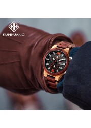 Kunhuang Wooden Men's Watch Red Sandal Wooden Watches Luxury Brand Luxury Quartz Multifunction Double Watch relógio masculino