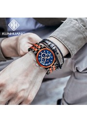 Kunhuang New Wooden Watch Men Luxury Chronograph Ebony Quartz Watch Blue Dial Metal Glass Mirror Wooden Box