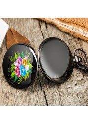 Black case vintage accept custom men women quartz chain pocket watch flower pattern classic unisex watches for girlfriend