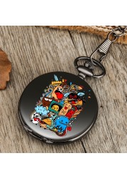 New accept custom unisex pocket watch with black thick chain cartoon pattern men women high-end quartz watches for boyfriend