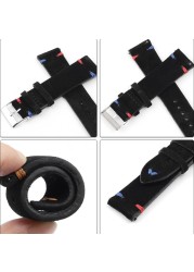 Genuine Suede Leather Watch Strap Handmade Colorful Stitching Black Watchband 18mm 20mm 22mm 24mm Replacement Band Men