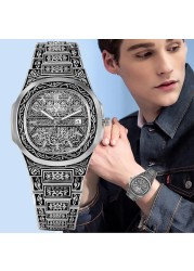 Retro Nostalgia Men's Watch Engraved Pattern Watch Alloy Steel Band Casual Wrist Watch Square Double Watch for Men Gift Father Gift