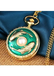 Valentine's Day Gift Green Glue Dripping Pisces Pearl Pattern Gold Personalized Quartz Pocket Watches for Boyfriend Girlfriend