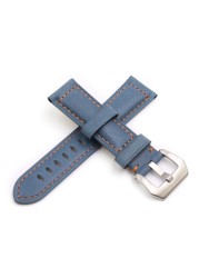 Rolamy - Watch strap 22 24mm, polished silver buckle watch strap, blue, genuine leather, handmade, thick, antique