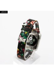 URVOI Leather Band for Apple Watch Series 7 6 SE 5 4 3 Strap for iwatch 41 45mm T Hole Flowers Printed Wrist Women Band