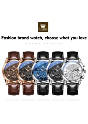 OLEVS Luxury Watch Men's Multifunctional Quartz Watch Business Style Leather Strap Waterproof Mens Calendar Chronograph Watch