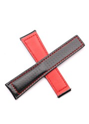 CARLYWET 20 22mm Wholesale Black with Red Stitches High Quality Genuine Leather Replacement Watch Band Strap Strap