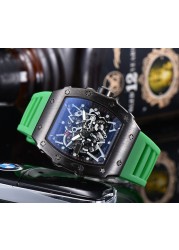 2022 Richard Men's High Quality Diamond Quartz Watch Hollow Glass Back Stainless Steel Case Black Rubber Watch