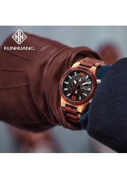 KUNHUANG Top Luxury Wooden Watches Men Sport Chrono Quartz Watches Men Date Luminous Wooden Watch Man Relogio Masculino